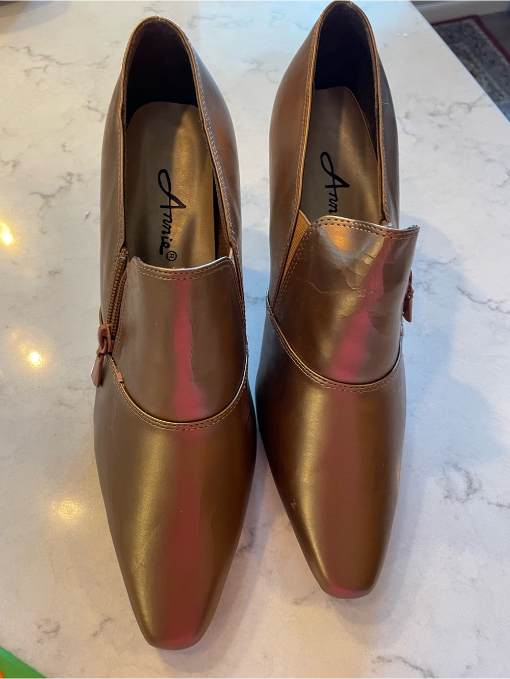 Annie Brown Pointed-Toe Leather Oxfords with Side Zip. 3 in heels. Item # 11786